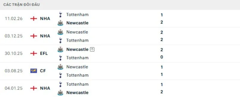Lịch sử đối đầu Tottenham vs Newcastle